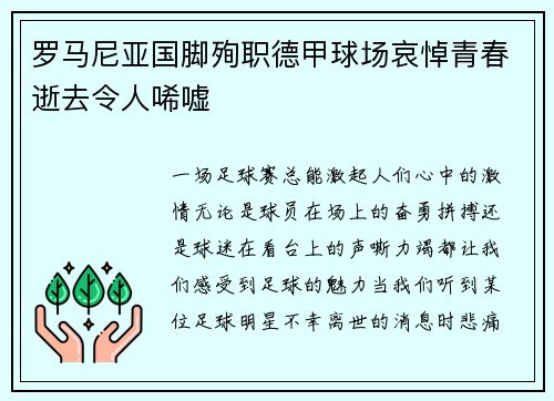 罗马尼亚国脚殉职德甲球场哀悼青春逝去令人唏嘘