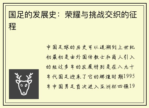 国足的发展史：荣耀与挑战交织的征程